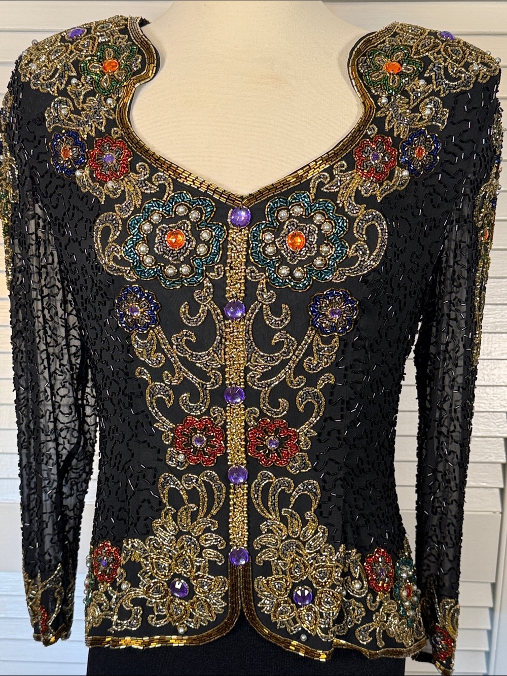 VTG Black Tie He-Ro Industries Silk Beaded Sequin Top Blouse